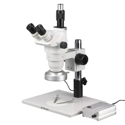 AmScope ZM-1TZ3-80MW Professional Trinocular Stereo Zoom Microscope, EW10x Eyepieces, 2x-90x Magnification, 0.67X-4.5X Zoom Objective, 80-Bulb LED Ring Light with Rheostat, Large Pillar-Style Table Stand, 110V-240V, Includes 0.3x and 2.0x Barlow Lens