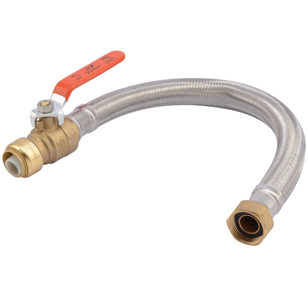 SharkBite 3/4 Inch Ball Valve x 3/4 Inch FIP x 18 Inch Stainless Steel Flexible Water Heater Connector, Push to Connect Brass Plumbing Fitting, PEX Pipe, Copper, CPVC, PE-RT, HDPE, U3088FLEX18BVLF