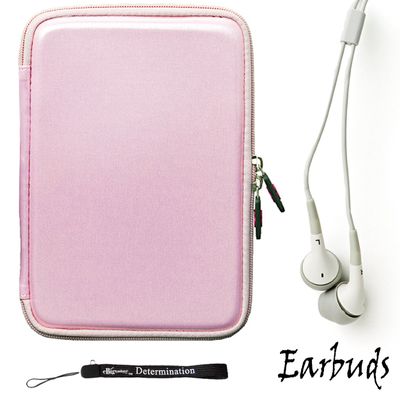 eBigValue Pink Smooth Carbon Fiber Durable Slim Protective Eva Storage Cover Cube Carrying Case with Mesh Pocket for Kindle Fire Full Color 7 inch, Wi Fi and an Hand Strap Key Chain and Earbuds