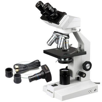 AmScope B100B-M Digital Compound Binocular Microscope, 40X-2000X Magnification, Brightfield, Tungsten Illumination, Abbe Condenser, Plain Stage, Includes 1.3MP Camera with Reduction Lens and Software