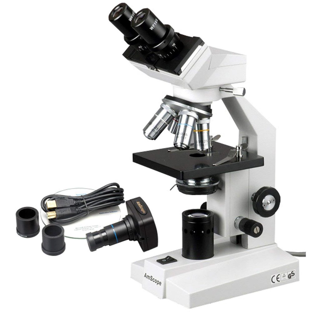 AmScope B100B-M Digital Compound Binocular Microscope, 40X-2000X Magnification, Brightfield, Tungsten Illumination, Abbe Condenser, Plain Stage, Includes 1.3MP Camera with Reduction Lens and Software