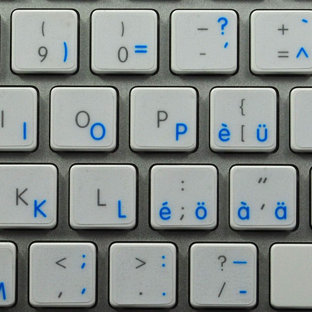 4Keyboard Swiss Stickers for Keyboard with Blue Lettering Transparent Background for Desktop, Laptop and Notebook are Compatible with Apple