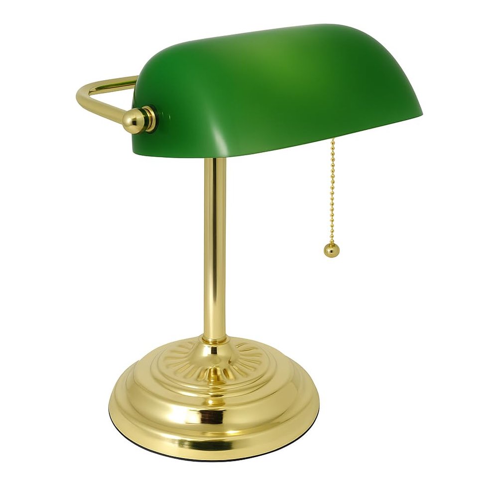 LIGHTACCENTS Traditional Bankers Desk Lamp with Green Glass Shade and Brass Base  Classic Desk Lamp with Pull Chain, Office Lighting, Vintage Style Reading Light