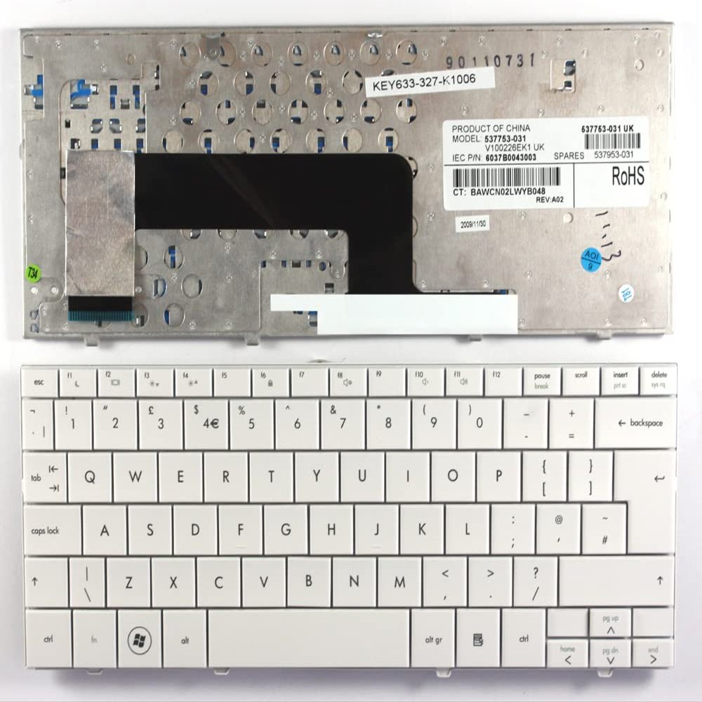 Keyboards4Laptops UK Layout White Replacement Laptop Keyboard Compatible with HP Mini 110-1037TU