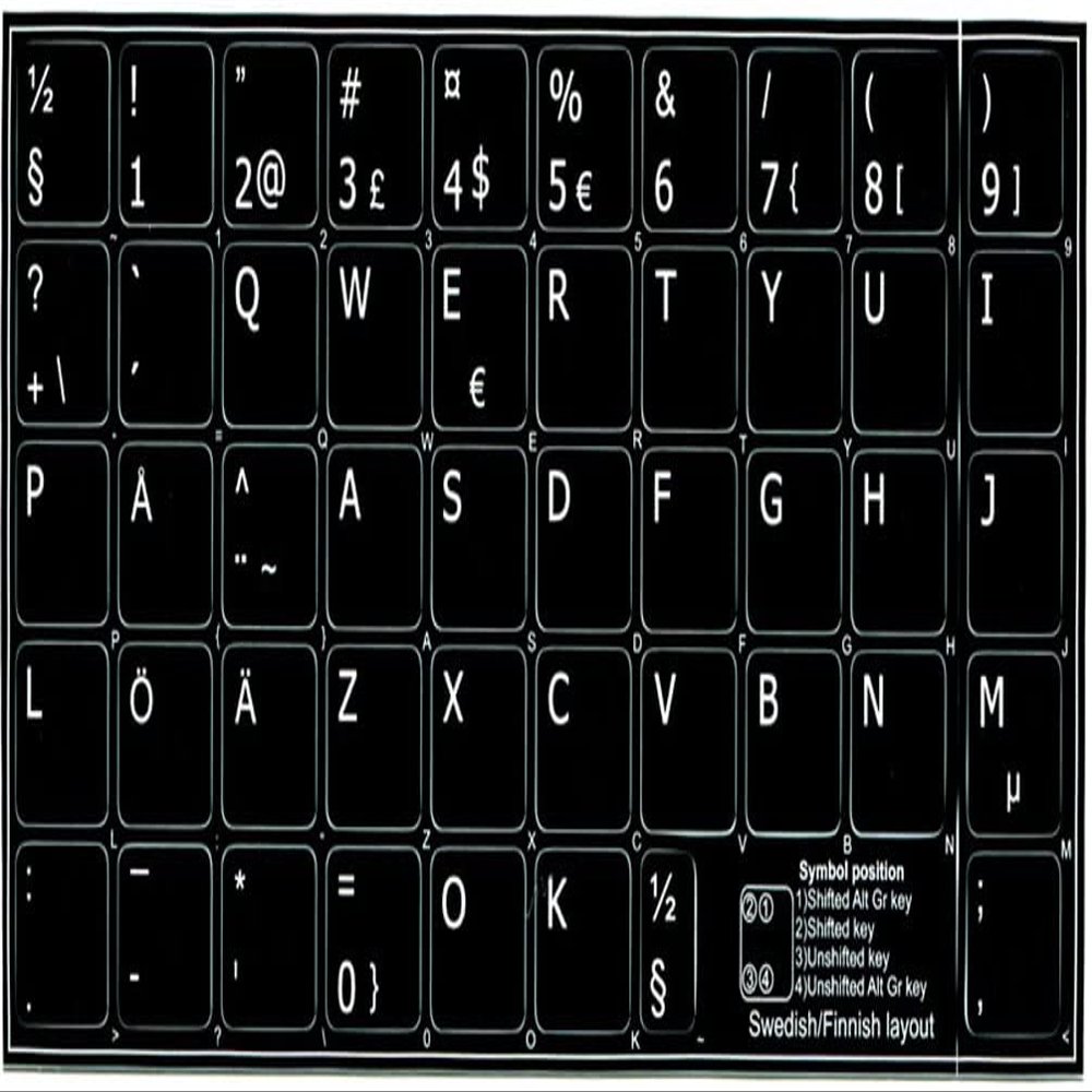 4Keyboard Swedish/Finnish Keyboard Stickers Black Background (14x14) for Desktop, Laptop and Notebook