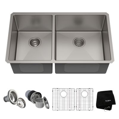 KRAUS Standart Pro 33 -inch Undermount 60/40 Double Bowl 16 Gauge Stainless Steel Kitchen Sink, KHU104-33