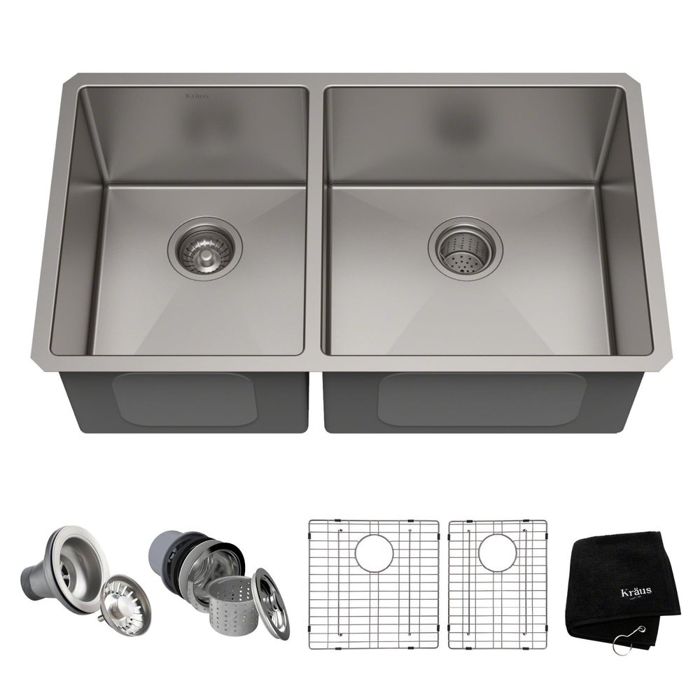 KRAUS Standart Pro 33 -inch Undermount 60/40 Double Bowl 16 Gauge Stainless Steel Kitchen Sink, KHU104-33