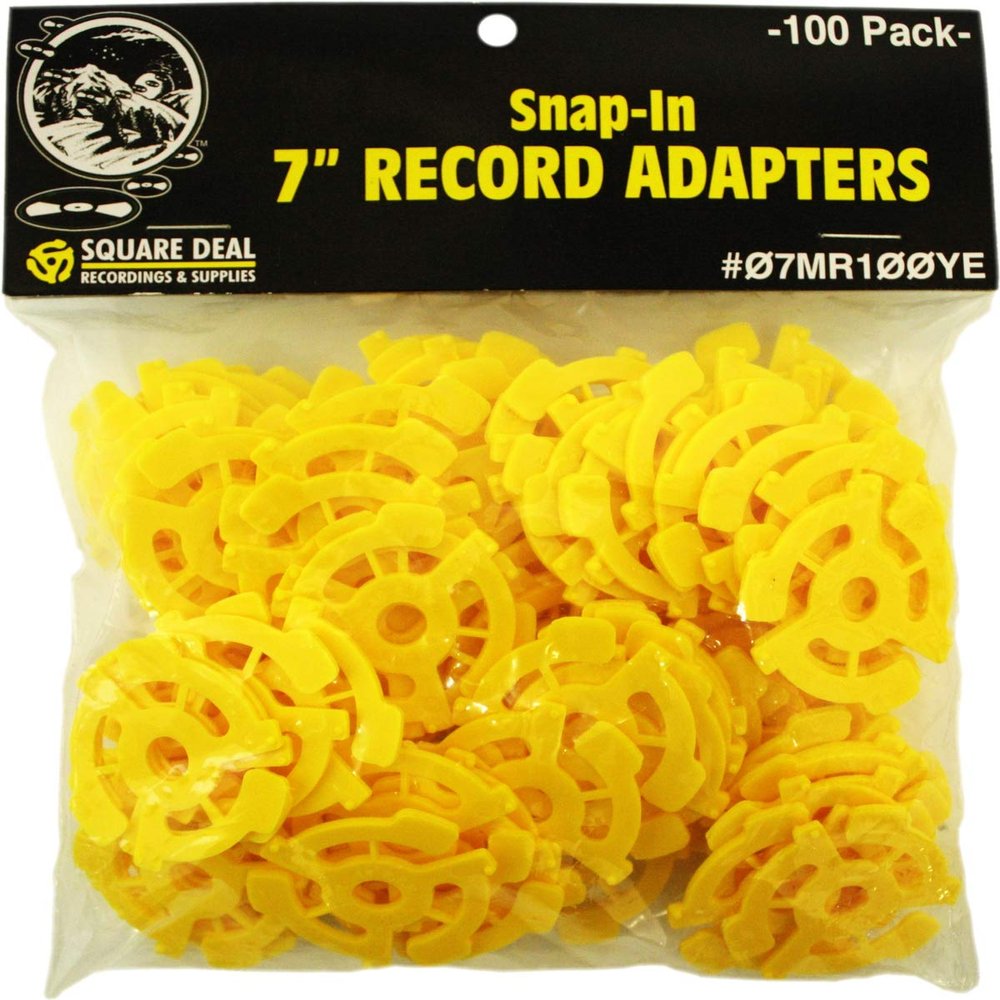 (100) Flat Plastic Record Adapters - Snap in Inserts to Make 7" 45rpm Records Fit on Standard Vinyl Record Turntables #07MR100YE (Yellow)