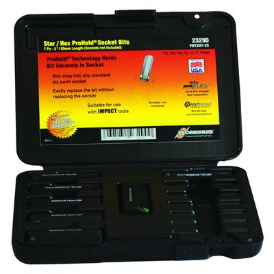 Bondhus 23290 Set 7 ProHold Torx & Hex Bits 2" (T45-T55&12-19mm) Molded Black Case, Multi, One Size