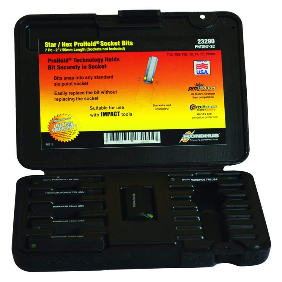 Bondhus 23290 Set 7 ProHold Torx & Hex Bits 2" (T45-T55&12-19mm) Molded Black Case, Multi, One Size