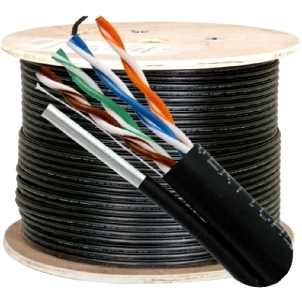Vertical Cable Cat5e, 350 Mhz, UTP, UV Jacket, Outdoor, CMX, Messenger, 1000ft, Black, Bulk Ethernet Cable, Wooden Spool