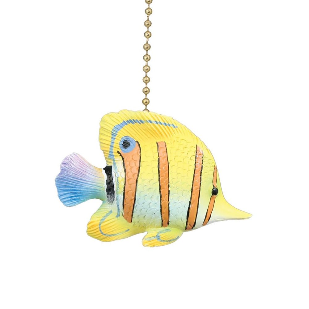 Clementine Design Yellow Angelfish Ceiling Fan Pull Chain Light Decorative Extension with 6" Gold Accent Chain, 3D Resin Design