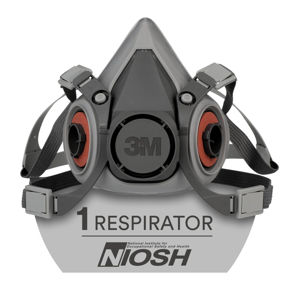 3M Half Facepiece Reusable Respirator 6100, NIOSH, Four-Point Harness, Comfortable Fit, Dual Airline Supplied Air Compatible, Bayonet Connections, Painting, Sanding, Cleaning, Small