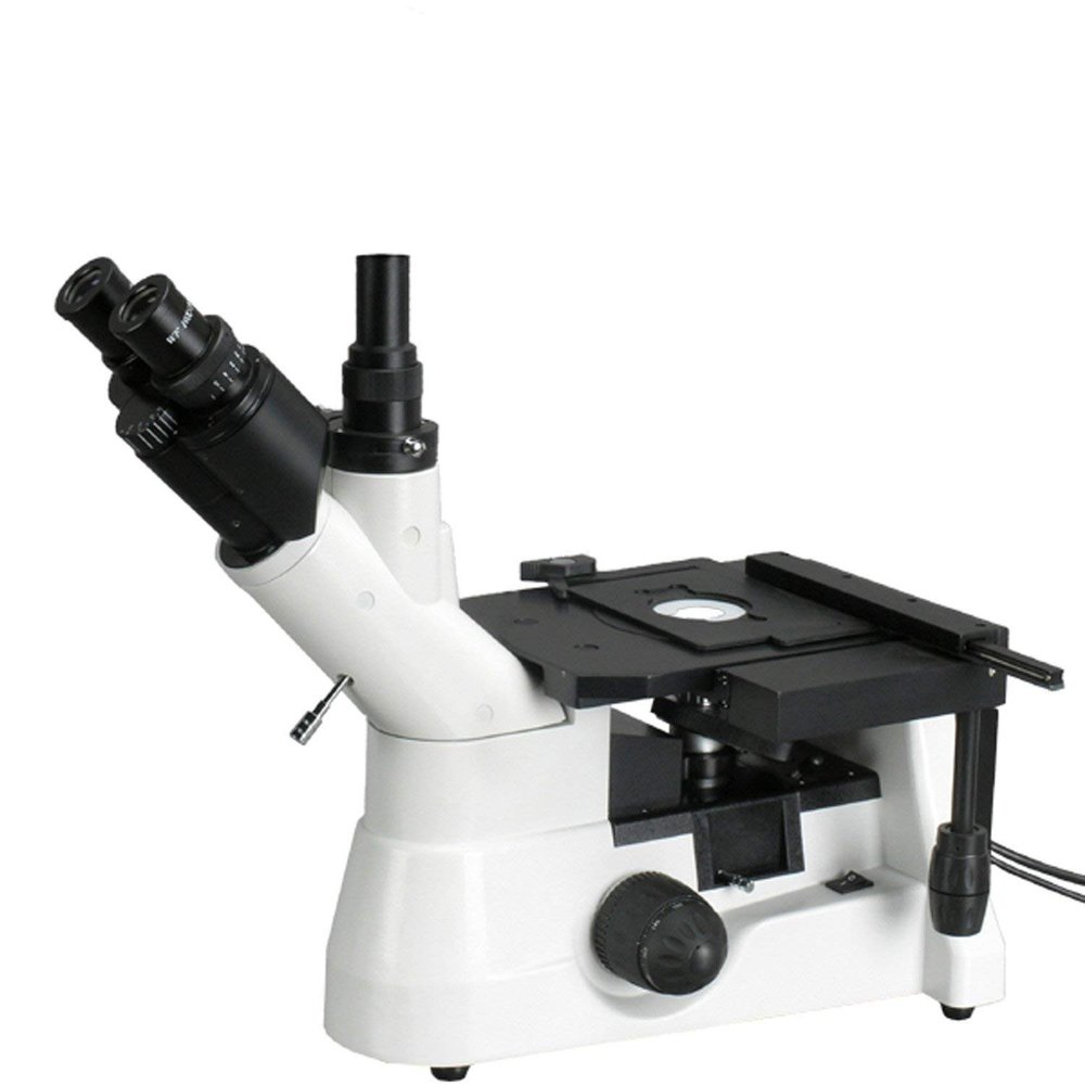 AmScope ME1400TB Inverted Trinocular Metallurgical Microscope, 40X-800X Magnification, WF10x and WF20x Eyepieces, WF10x Eyepiece with Reticle, Kohler Condenser, 30W Halogen Illumination with Rheostat, Double-Layer Mechanical Stage, 85-230V