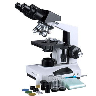 AmScope B490-DK Compound Binocular Microscope, WF10x Eyepieces, 40X-1000X Magnification, Brightfield/Darkfield (BF/DF), Halogen Illumination, Abbe Condenser, Double-Layer Mechanical Stage, Sliding Head, High-Resolution Optics, Anti-Mold