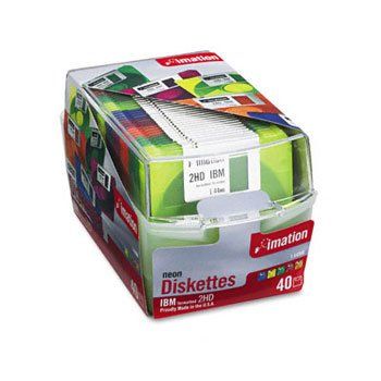 3.5" Diskettes, IBM-Formatted, DS/HD, 5 Assorted Neon Colors, 40/Pack