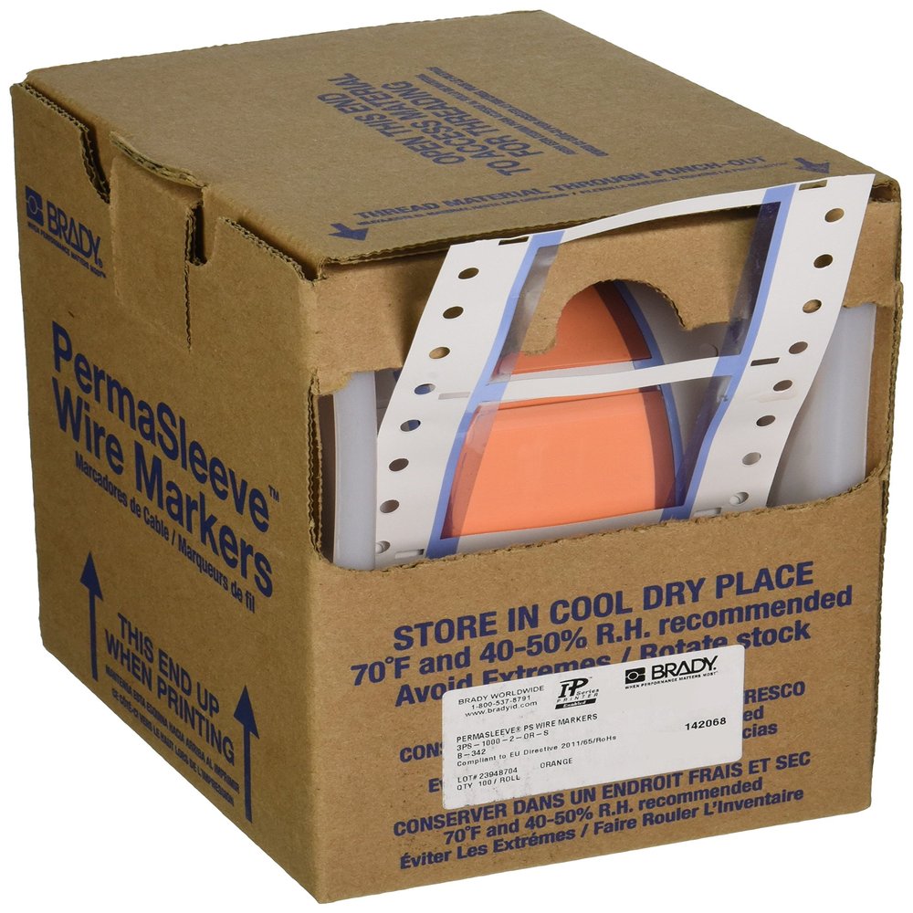 Brady 3PS-1000-2-OR-S PermaSleeve Wire Marking Sleeves, 1.660" Height, Width, Polyolefin (B-342) Orange (Roll of 100)