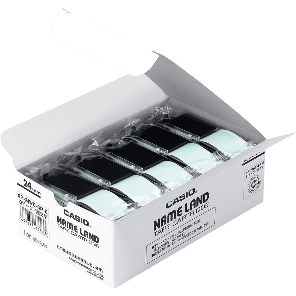 Casio Label Writer Nameland Genuine Tape, 0.9 inches (24 mm), XR-24WE-5P-E, White with Black Letters, 5 Pieces