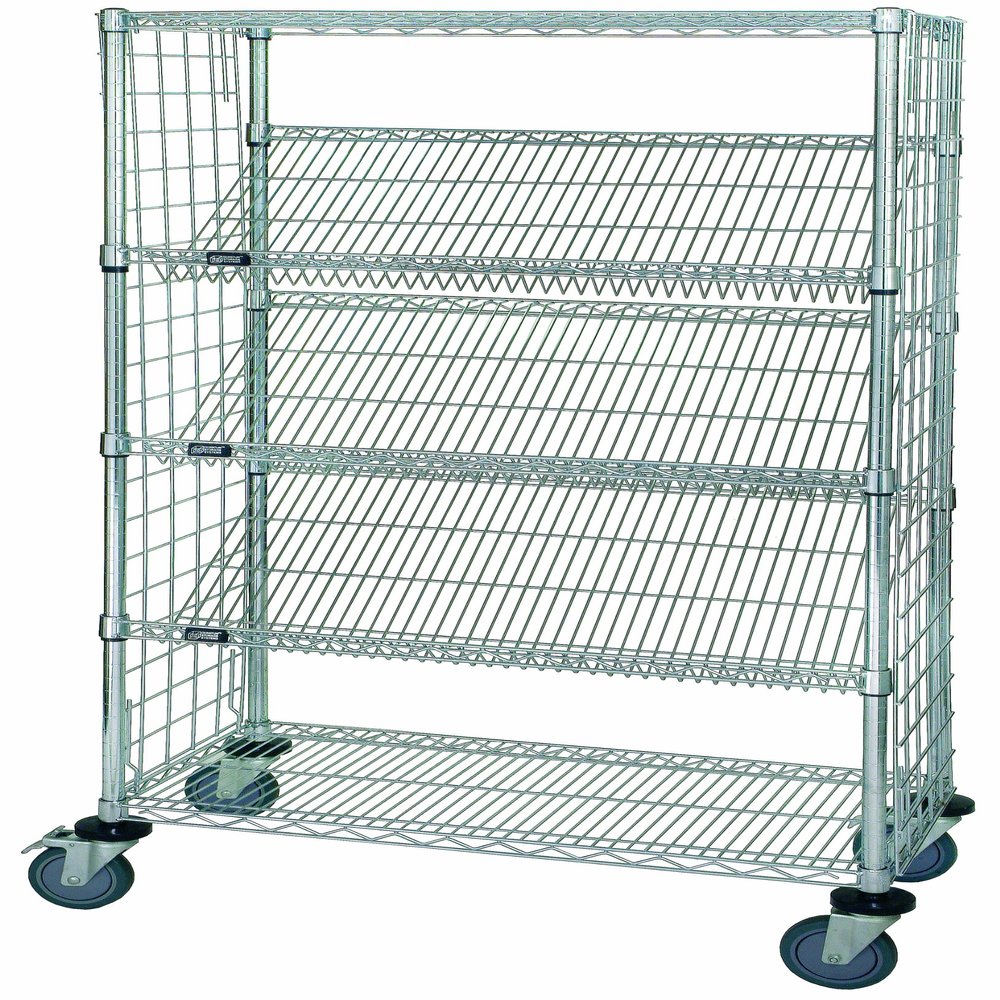 Quantum Storage Systems WRCSL5-63-2436EP 5-Tier Slanted Wire Shelving Suture Cart, Enclosed, 2 Horizontal & 3 Slanted Shelves, Chrome Finish, 69" H x 36" W x 24" L