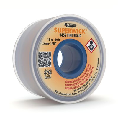 MG Chemicals - 452 Desoldering Braid #2 Fine Braid Super Wick with RMA Flux, 50' Length x 0.05" Width, Yellow