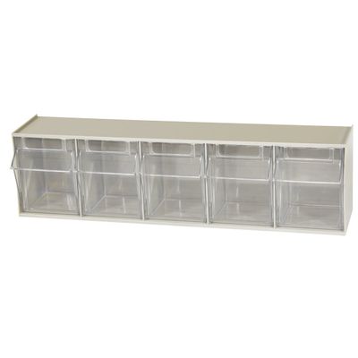 Akro-Mils TiltView Plastic Storage Cabinet with 5 Tilt Out Bins, Horizontal Plastic Parts Organizer, Teacher Toolbox, and Office Supply Organizer, 23-5/8" W x 6-1/2" H x 5-5/8" D, Stone