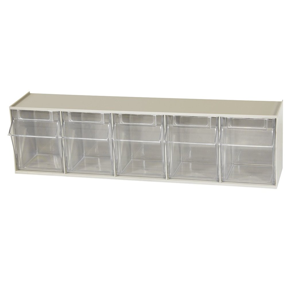 Akro-Mils TiltView Plastic Storage Cabinet with 5 Tilt Out Bins, Horizontal Plastic Parts Organizer, Teacher Toolbox, and Office Supply Organizer, 23-5/8" W x 6-1/2" H x 5-5/8" D, Stone