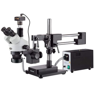AmScope SM-4TZ-FOR-5MB Digital Professional Trinocular Stereo Zoom Microscope, WH10x Eyepieces, 3.5X-90X Magnification, 0.7X-4.5X Zoom Objective, Fiber-Optic Ring Light, Double-Arm Boom Stand, 110V-120V, Includes 0.5X and 2.0X Barlow Lenses and 5MP C