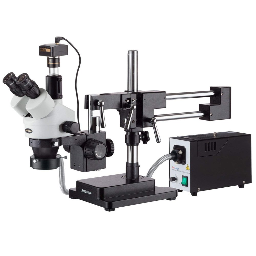 AmScope SM-4TZ-FOR-5MB Digital Professional Trinocular Stereo Zoom Microscope, WH10x Eyepieces, 3.5X-90X Magnification, 0.7X-4.5X Zoom Objective, Fiber-Optic Ring Light, Double-Arm Boom Stand, 110V-120V, Includes 0.5X and 2.0X Barlow Lenses and 5MP C