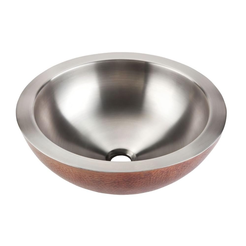 Thompson Traders - Guadalupe Bathroom Round Above Counter Vessel Sink, 16 in, Hammered Antique Copper and Smooth Stainless Steel