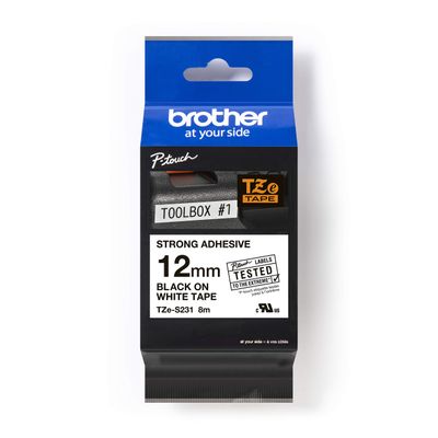 Brother TZe-S231 Labelling Tape Cassette, Black on White, 12mm (W) x 8M (L), Strong Adhesive, Genuine Supplies