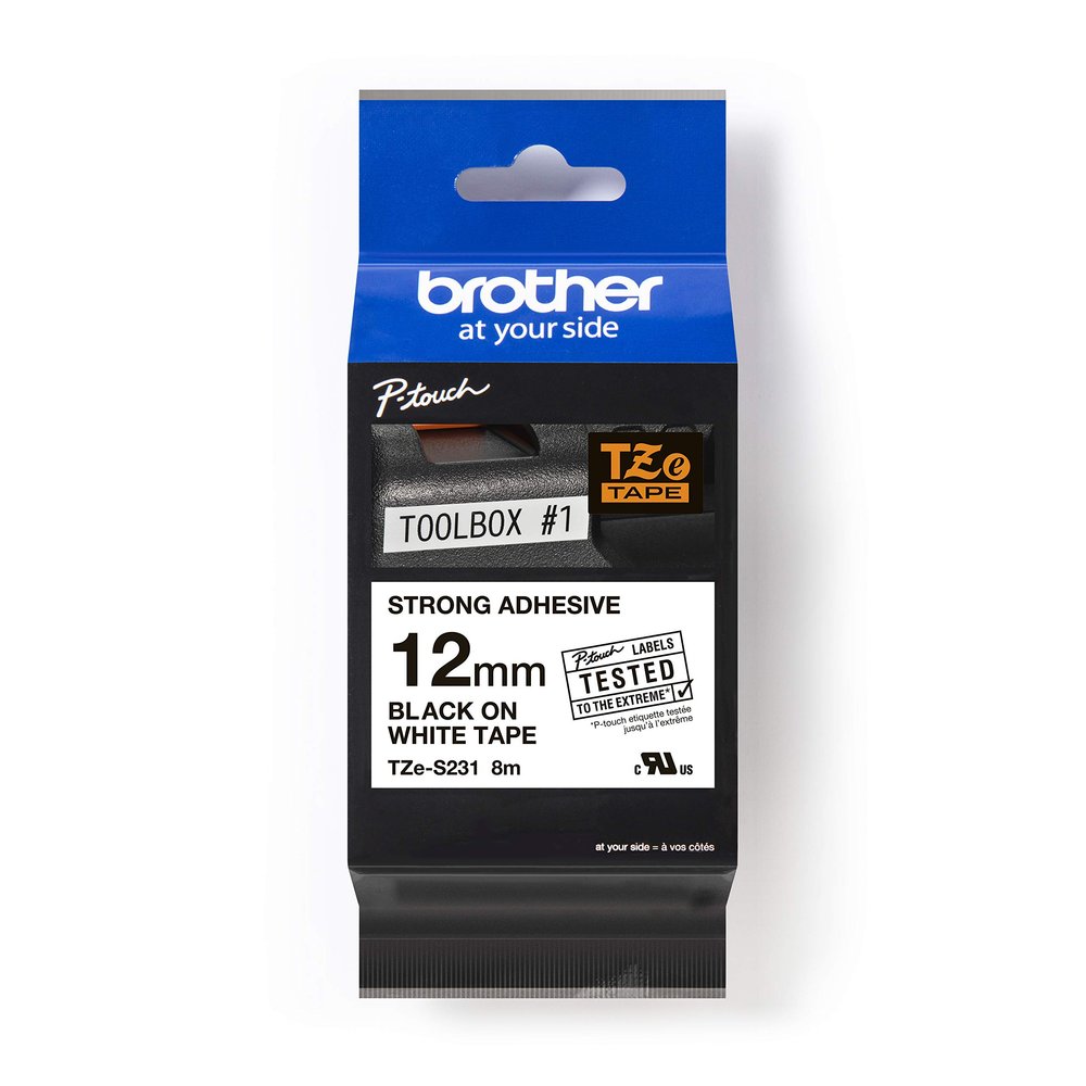Brother TZe-S231 Labelling Tape Cassette, Black on White, 12mm (W) x 8M (L), Strong Adhesive, Genuine Supplies