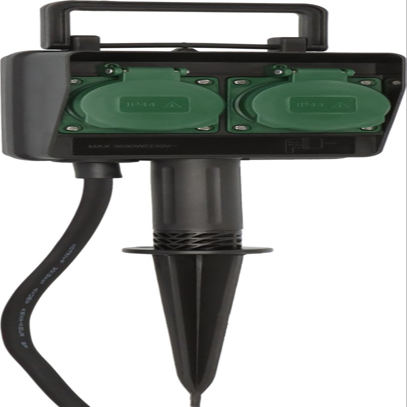 Brennenstuhl Garden Socket, External Socket, 2-fold with Ground Spike, Weather-Resistant Plastic (Waterproof housing - 1.4 m Cable), Colour: Black., Black, 1154430, 230 voltsV