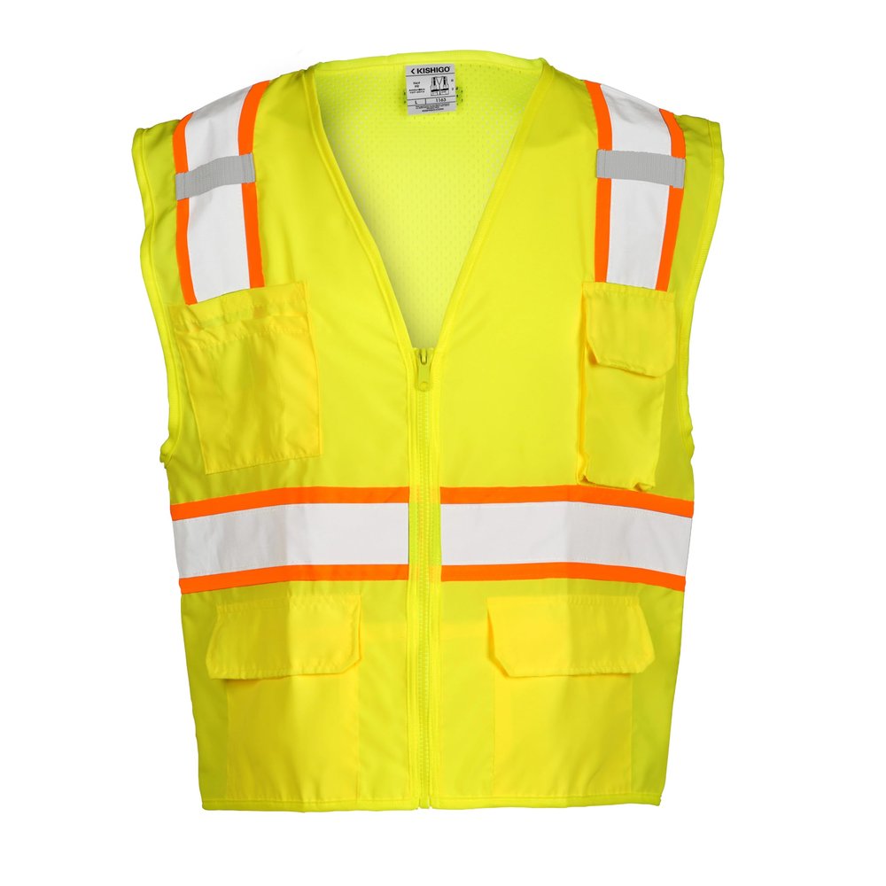 Kishigo Men's High Visibility Reflective Solid Front with Mesh Back Vest 1163, Zipper Closure, Polyester, ANSI 107 Type R / Class 2, Construction, Roadwork, Utility, Warehouse, Factory (Lime, 5X)