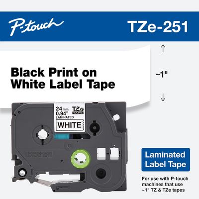 Brother P-Touch TZe-251 Laminated Label Maker Tape, 1-inch x 26-2/10', Black On White, 6/CartonTZE-251VS