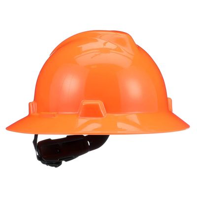 MSA 10021292 V-Gard Full-Brim Hard Hat With Fas-Trac III Ratchet Suspension | Polyethylene Shell, Superior Impact Protection, Self Adjusting Crown Straps - Standard Size in Hi-Viz Orange