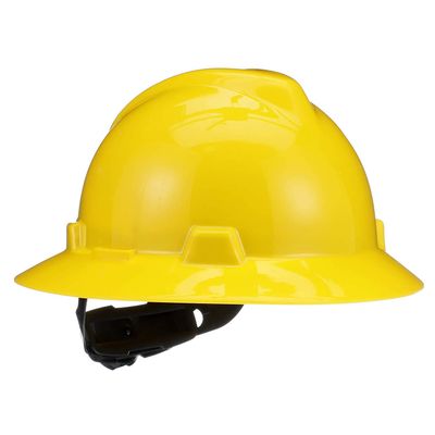 MSA 475366 V-Gard Full-Brim Hard Hat With Fas-Trac III Ratchet Suspension | Polyethylene Shell, Superior Impact Protection, Self Adjusting Crown Straps - Standard Size in Yellow