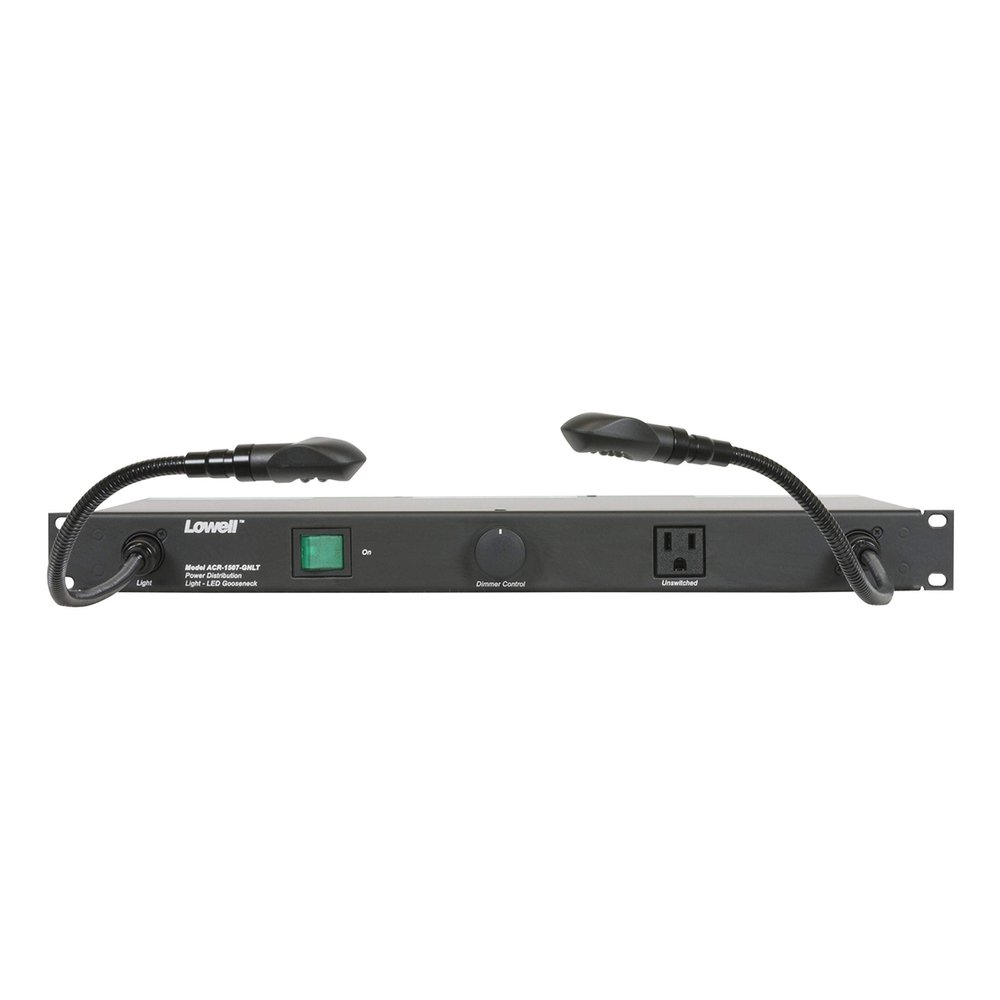 Lowell ACR-1507-GNLT PDU with 7 (15A) Outlets, Gooseneck Lights; 7 (15A) Outlets (1 Unswitched in Front, 4 Unswitched in Rear, 2 Switched in Rear); Rocker Switch; XLR Connectors