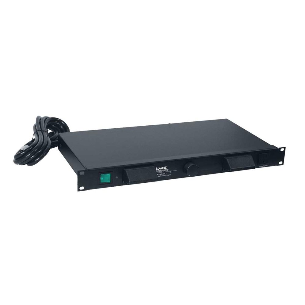 Lowell ACR-1507-HDLT PDU with 7 (15A) Outlets, Hooded Night Vision Light; 7 (15A) Outlets Total (1 un-Switched in Front, 4 un-Switched in Rear, 2 Switched in Rear; Circuit Breaker Protection
