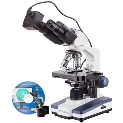 AmScope B120B-10M Digital Siedentopf Binocular Compound Microscope, 40X-2000X Magnification, Brightfield, LED Illumination, Abbe Condenser, Double-Layer Mechanical Stage, Includes 10MP Camera with Reduction Lens and Software