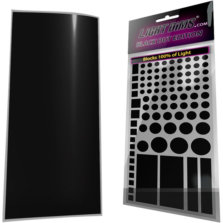 LightDims Black Out Edition - for Maximum Light Dimming (2 Sheets) Shapes & Uncut Sheet for Electronics & Appliances. Blocks 100% of Light, in Retail Packaging. Not for use on Recording Devices.