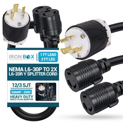 IronBox Electric - NEMA L6-30P to 2X L6-20R Y Splitter Cord - Rated for 20A, 250V with 12/3 SJT Cable, Male-to-Female Multi-Plug Adapter - Ideal for Generators & Power Equipment (1 Ft Lead 2 Ft Leg)