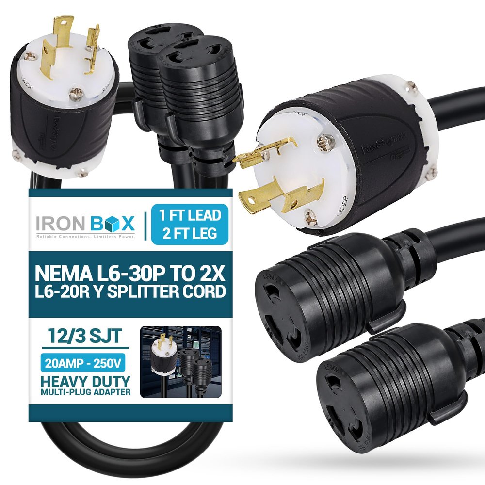 IronBox Electric - NEMA L6-30P to 2X L6-20R Y Splitter Cord - Rated for 20A, 250V with 12/3 SJT Cable, Male-to-Female Multi-Plug Adapter - Ideal for Generators & Power Equipment (1 Ft Lead 2 Ft Leg)