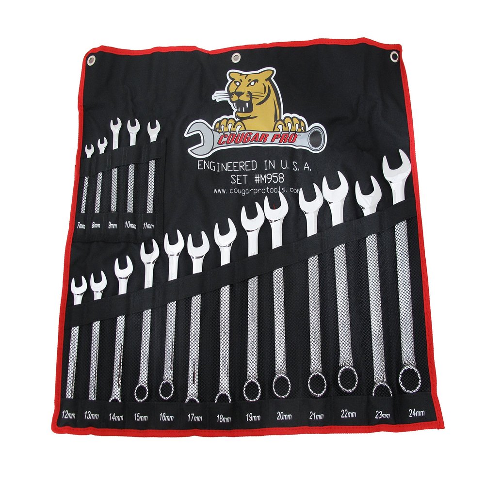 Cougar Pro M958 Metric Full Polish Combination Wrench Set, 7mm - to 24mm (18-Piece)