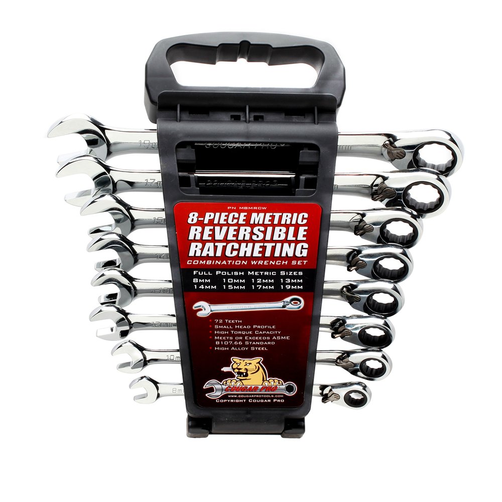 Cougar Pro M8MRCW Metric Full Polish Ratcheting Combination Wrench Set, 8mm - to 19mm (8-Piece)
