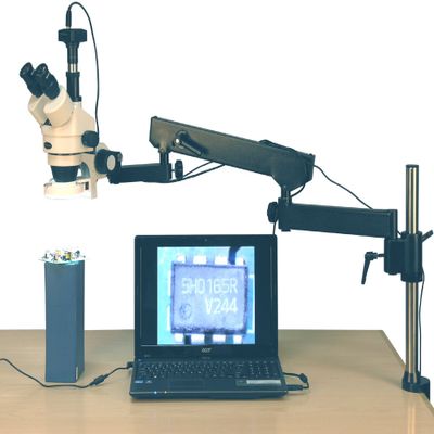 AmScope SM-8TZ-144S-10M Digital Professional Trinocular Stereo Zoom Microscope, WH10x Eyepieces, 3.5X-90X Magnification, 0.7X-4.5X Zoom Objective, 144-Bulb LED Ring Light, Articulating-Arm Boom Stand, 110V-240V, Includes 0.5x and 2.0x Barlow Lenses a