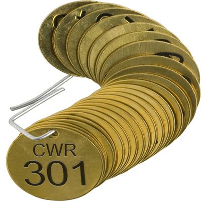Brady 87112 1 1/2" Diameter, Stamped Brass Valve Tags, Numbers 301-325, Legend "CWR" (Pack of 25 Tags)