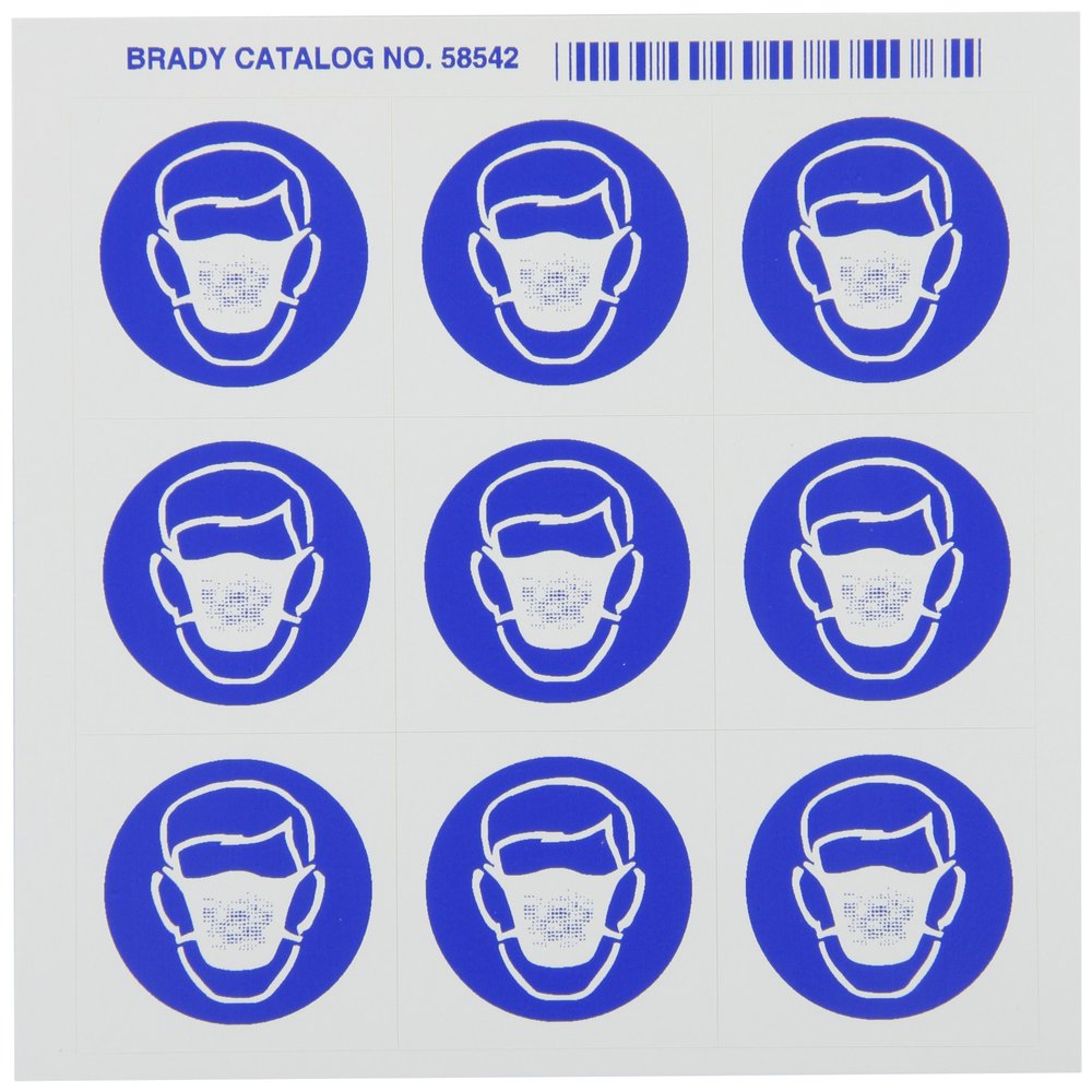 Brady 58542 Right-To-Know Pictogram Labels , Blue On White, 1-1/2" Width x 1-1/4" Height, Pictogram "Dust Mask" (9 Per Card, 1 Card per Package)