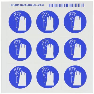 Brady 58557 Pressure Sensitive Vinyl Right-To-Know Pictogram Labels , Blue On White, 1 1/2" Height x 1 1/2" Width, Pictogram "Gloves" (9 Per Card, 1 Card per Package)