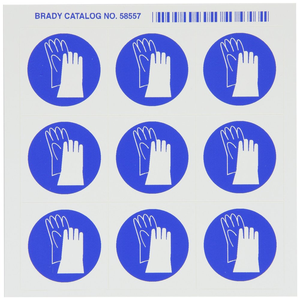 Brady 58557 Pressure Sensitive Vinyl Right-To-Know Pictogram Labels , Blue On White, 1 1/2" Height x 1 1/2" Width, Pictogram "Gloves" (9 Per Card, 1 Card per Package)