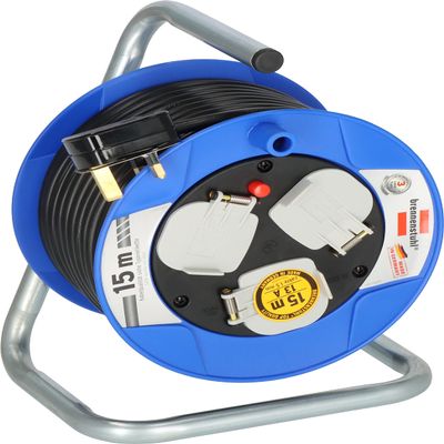Brennenstuhl Compact 3-Way Socket Cable Reel (15 m Cord Length, Thermal Cut-Out Protection), Small Reel for Easy Tool Box Storage, Cable Colour: Black
